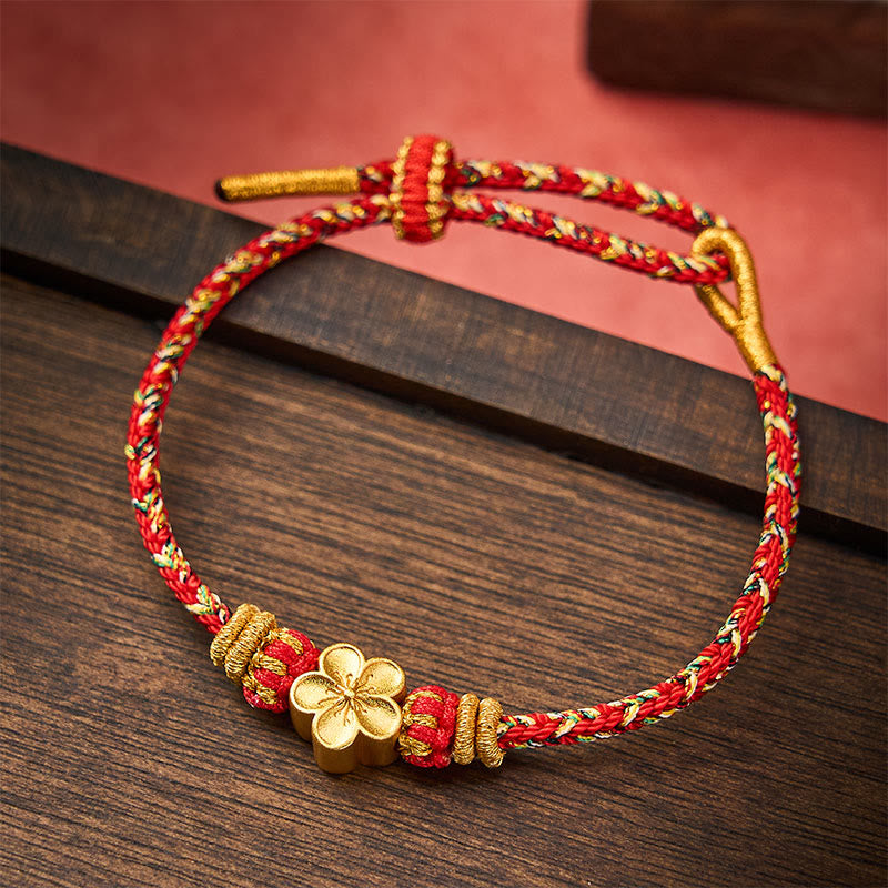 Buddha Stones Pulsera protectora tejida a mano con hilo rojo y diseño de flor de pez koi. - Rojo - Con accesorio de flores - image 0