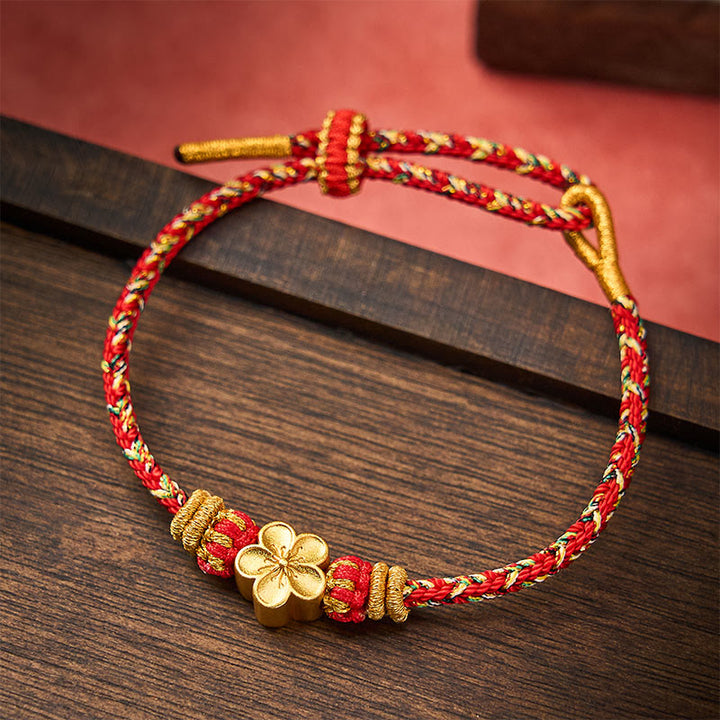 Buddha Stones Pulsera protectora tejida a mano con hilo rojo y diseño de flor de pez koi. - Rojo - Con accesorio de flores - image 0