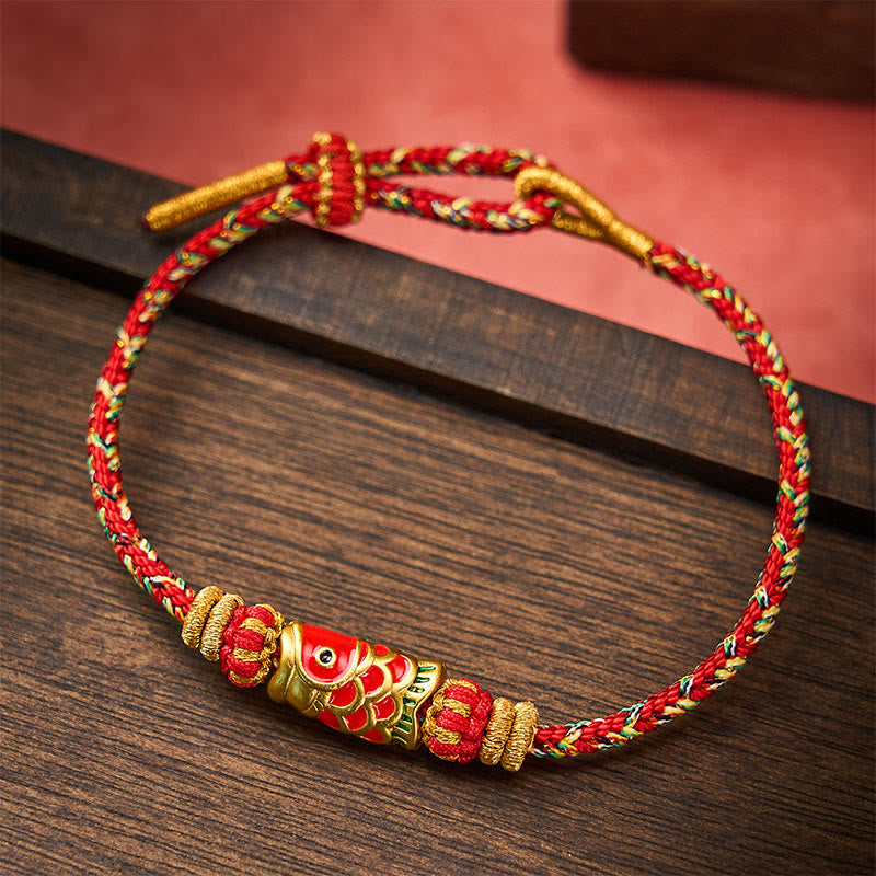 Buddha Stones Pulsera protectora tejida a mano con hilo rojo y diseño de flor de pez koi. - Rojo - Con accesorio de pez koi - image 8