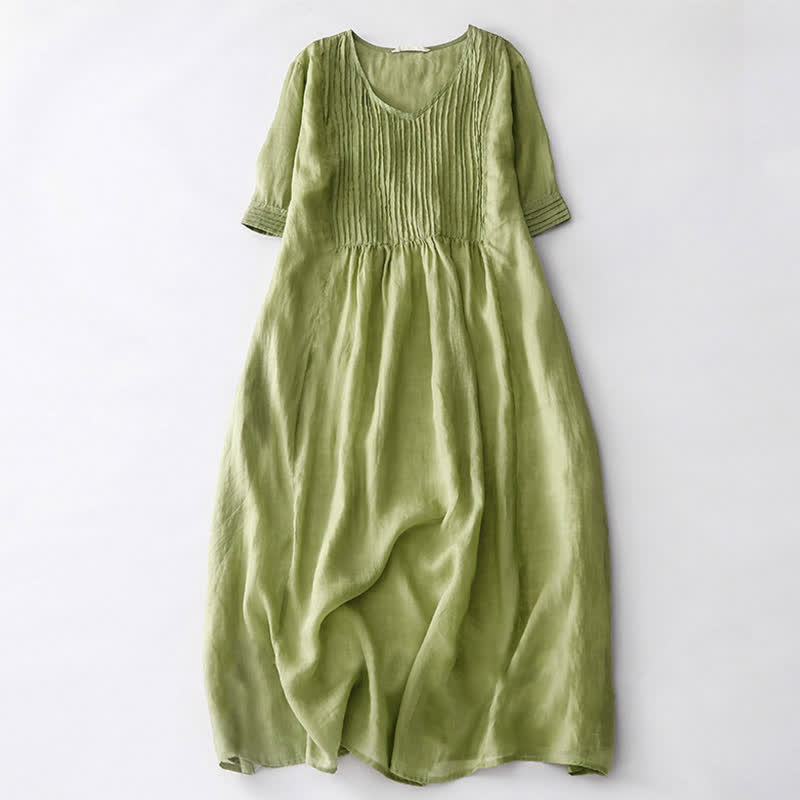 Vestido midi informal de manga corta con cuello en V, pliegues tipo acordeón y bolsillos, con estampado de Buddha Stones. - Verde amarillento - US14，UK/AU18，EU46 (2XL) - image 11