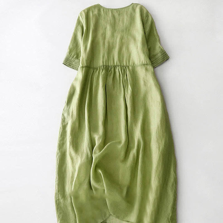 Vestido midi informal de manga corta con cuello en V, pliegues tipo acordeón y bolsillos, con estampado de Buddha Stones. - image 10