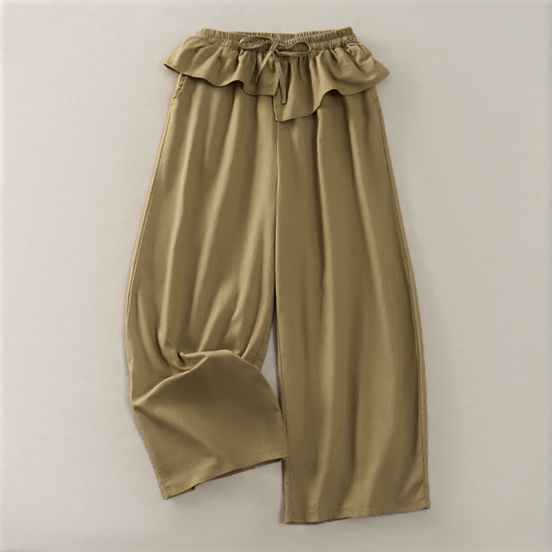 Buddha Stones Pantalones cortos lisos con volantes, cintura elástica y cordón ajustable, ideales para primavera y verano. Pantalones rectos con bolsillos para mujer. - Caqui oscuro - US8-10, UK/AU12-14, EU40-42 (2XL) - image 0