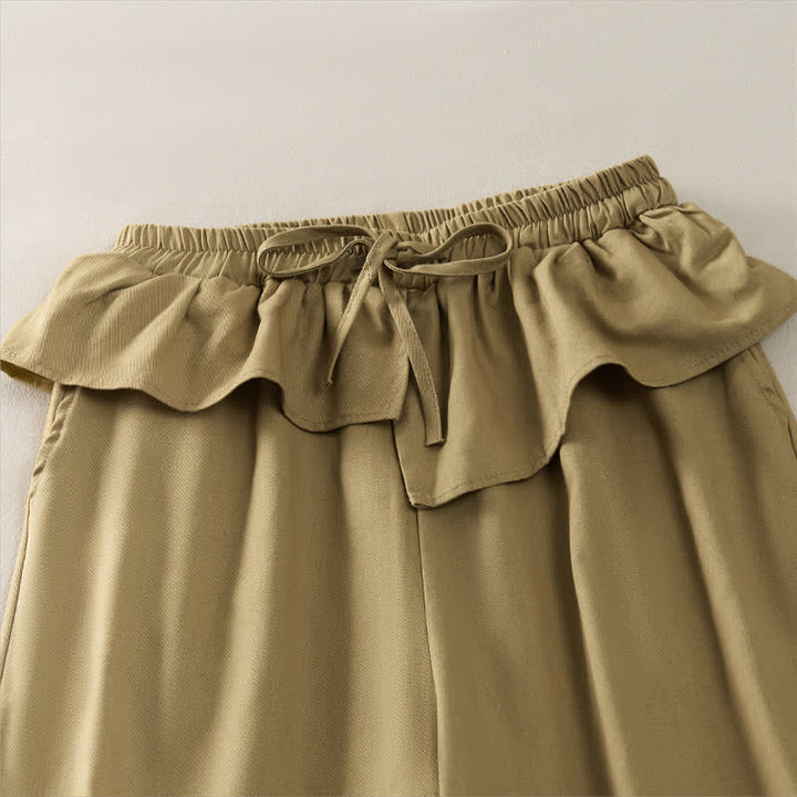 Buddha Stones Pantalones cortos lisos con volantes, cintura elástica y cordón ajustable, ideales para primavera y verano. Pantalones rectos con bolsillos para mujer. - image 2