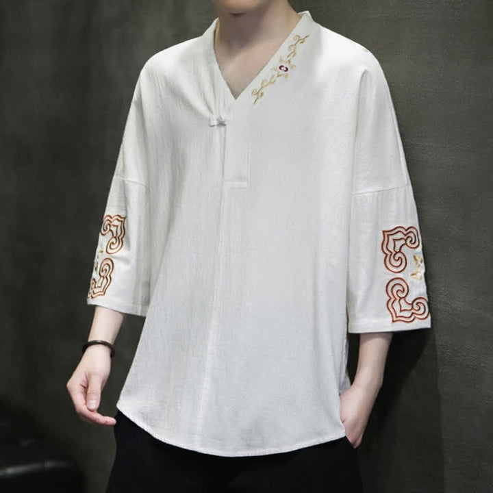 Buddha Stones Camisas de manga corta para hombre con cuello en V, un botón y estampado floral, estilo Summer Tang, con bordados y cuello en V. - image 9