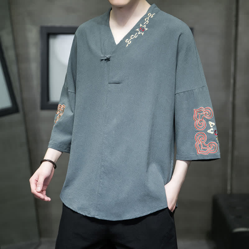 Buddha Stones Camisas de manga corta para hombre con cuello en V, un botón y estampado floral, estilo Summer Tang, con bordados y cuello en V. - image 1