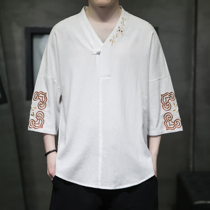 Buddha Stones Camisas de manga corta para hombre con cuello en V, un botón y estampado floral, estilo Summer Tang, con bordados y cuello en V. - Blanco - US/UK/AU46, EU56 (5XL) - image 8