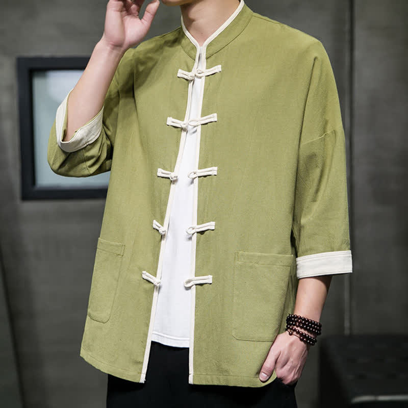 Buddha Stones Camisas de manga corta para hombre con cuello mandarín, bloques de color y botones de rana, estilo Summer Tang, con bolsillos. - Verde oliva - US/UK/AU46, EU56 (5XL) - image 0
