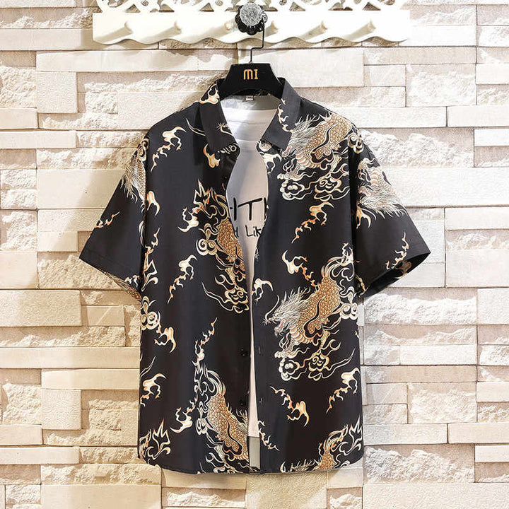 Buddha Stones Camisas de manga corta para hombre con botones y estampado de dragón veraniego - Negro - US/UK/AU46, EU56 (5XL) - image 0