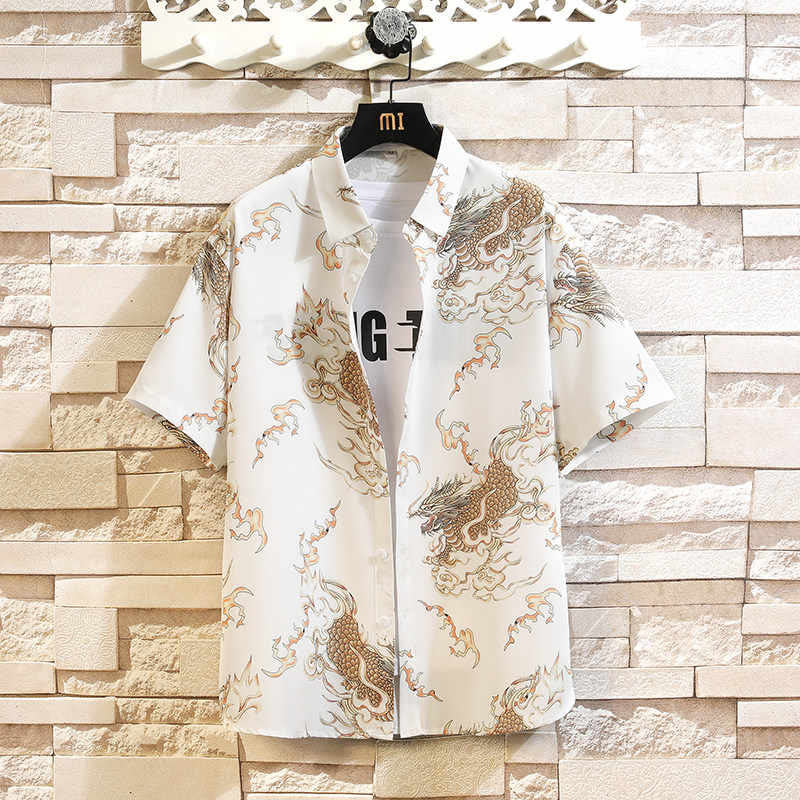 Buddha Stones Camisas de manga corta para hombre con botones y estampado de dragón veraniego - Blanco - US/UK/AU46, EU56 (5XL) - image 13