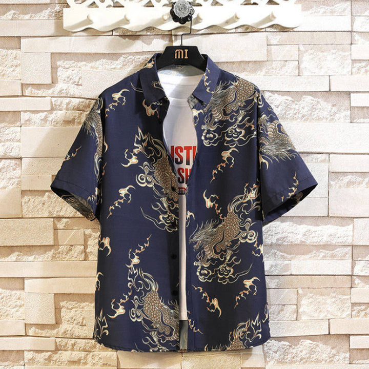 Buddha Stones Camisas de manga corta para hombre con botones y estampado de dragón veraniego - Azul acero - US/UK/AU46, EU56 (5XL) - image 9