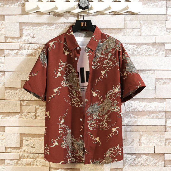 Buddha Stones Camisas de manga corta para hombre con botones y estampado de dragón veraniego - Ladrillo refractario - US/UK/AU46, EU56 (5XL) - image 11