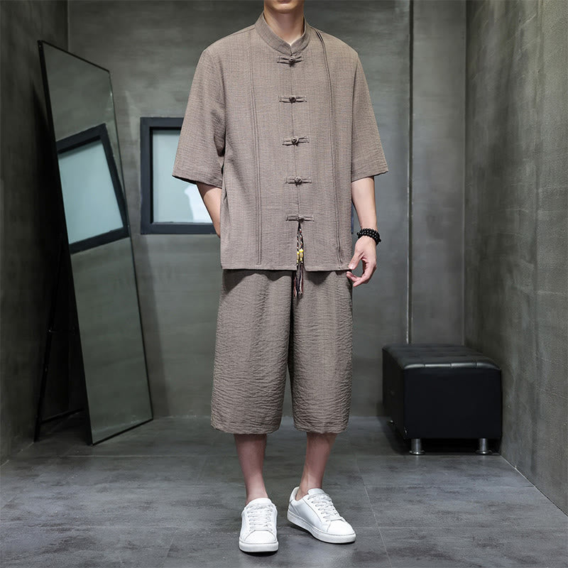 Buddha Stones Conjunto de 2 piezas: Camisa de manga tres cuartos estilo Tang con botones de rana, pantalones cortos y ropa de meditación para hombre con bolsillos. - Perú - US/UK/AU46, EU56 (5XL) - image 31