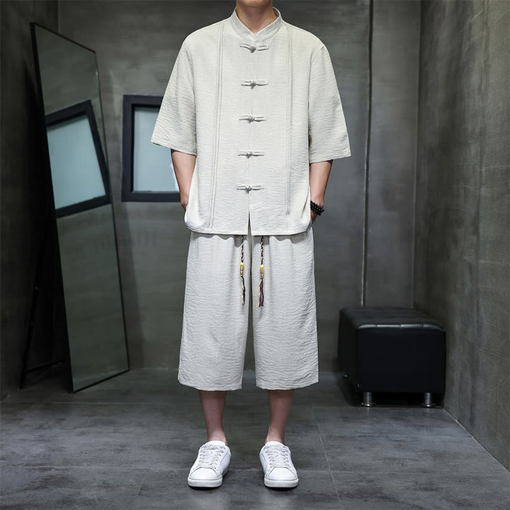 Buddha Stones Conjunto de 2 piezas: Camisa de manga tres cuartos estilo Tang con botones de rana, pantalones cortos y ropa de meditación para hombre con bolsillos. - Beige - US/UK/AU46, EU56 (5XL) - image 0