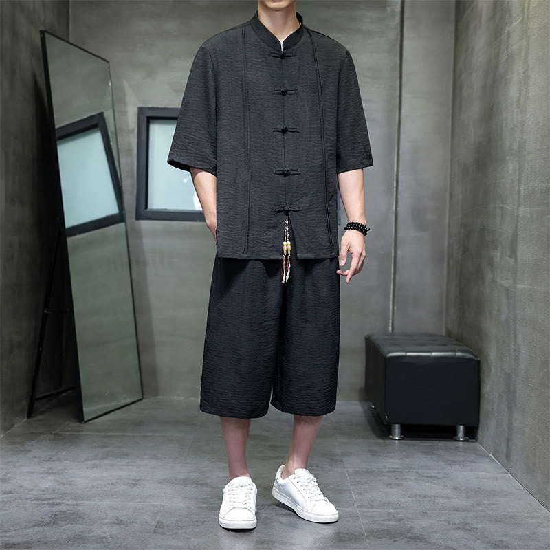 Buddha Stones Conjunto de 2 piezas: Camisa de manga tres cuartos estilo Tang con botones de rana, pantalones cortos y ropa de meditación para hombre con bolsillos. - Negro - US/UK/AU46, EU56 (5XL) - image 22