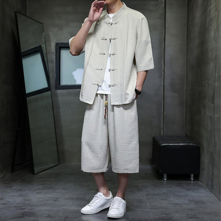 Buddha Stones Conjunto de 2 piezas: Camisa de manga tres cuartos estilo Tang con botones de rana, pantalones cortos y ropa de meditación para hombre con bolsillos. - image 5