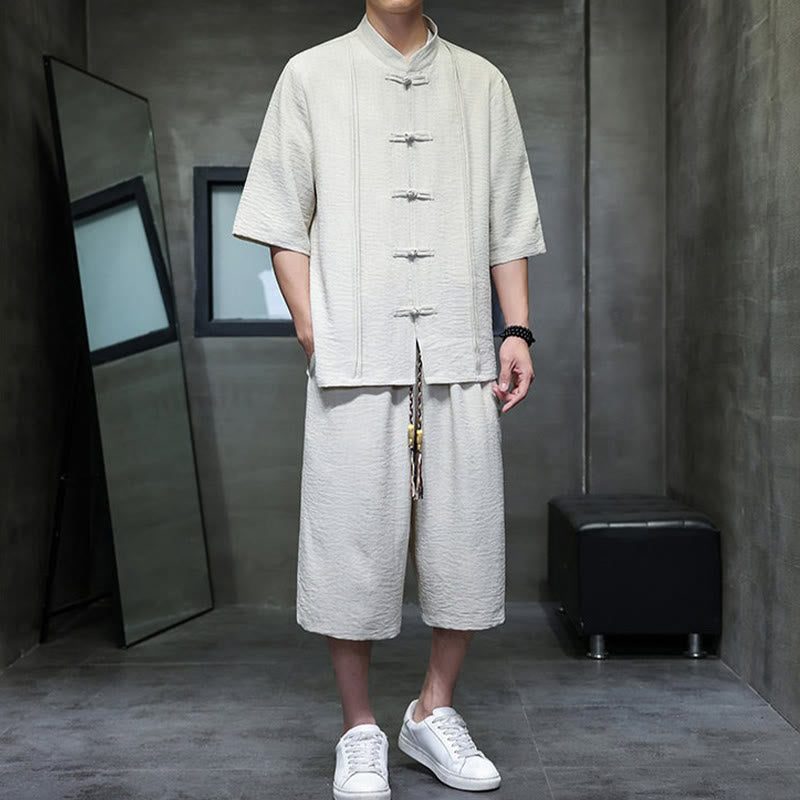 Buddha Stones Conjunto de 2 piezas: Camisa de manga tres cuartos estilo Tang con botones de rana, pantalones cortos y ropa de meditación para hombre con bolsillos. - image 1