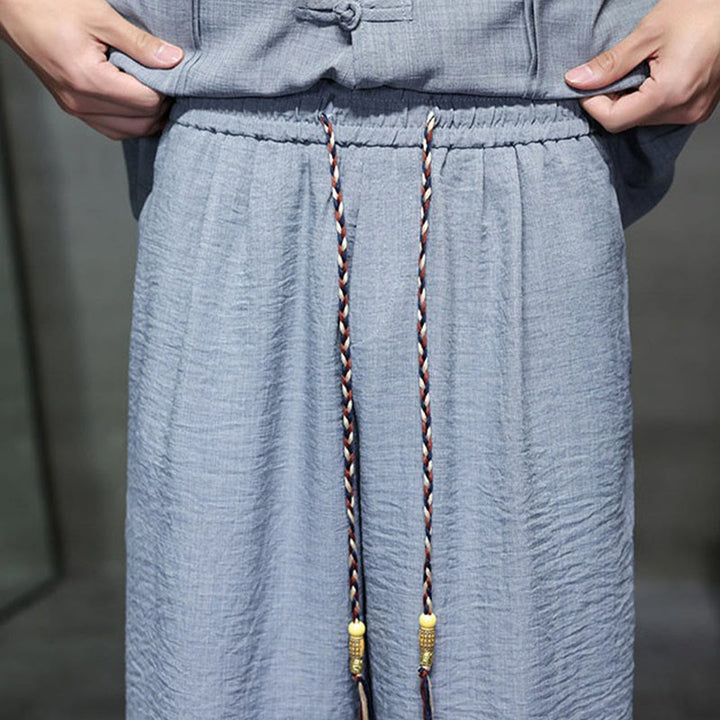 Buddha Stones Conjunto de 2 piezas: Camisa de manga tres cuartos estilo Tang con botones de rana, pantalones cortos y ropa de meditación para hombre con bolsillos. - image 18