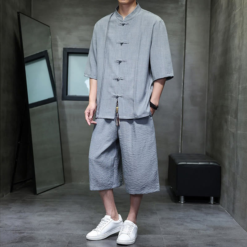 Buddha Stones Conjunto de 2 piezas: Camisa de manga tres cuartos estilo Tang con botones de rana, pantalones cortos y ropa de meditación para hombre con bolsillos. - image 13