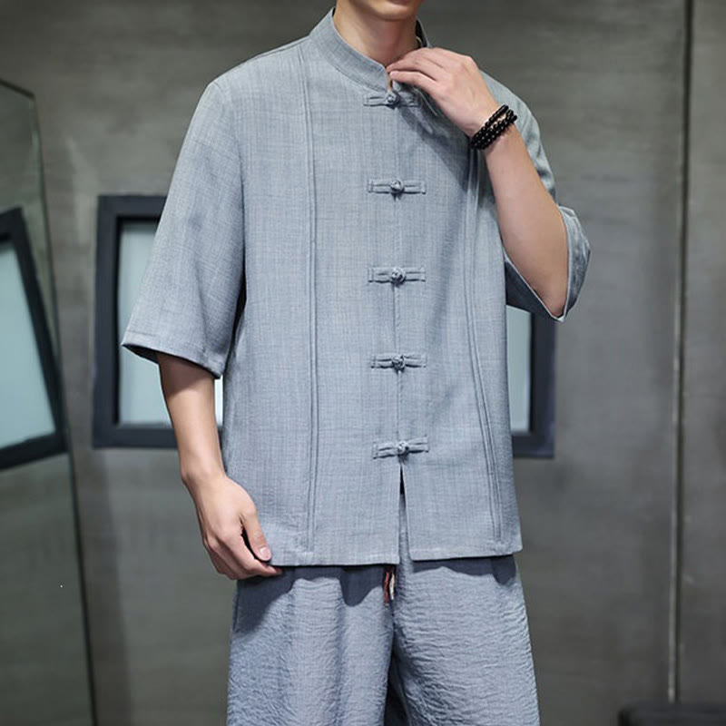 Buddha Stones Conjunto de 2 piezas: Camisa de manga tres cuartos estilo Tang con botones de rana, pantalones cortos y ropa de meditación para hombre con bolsillos. - image 15