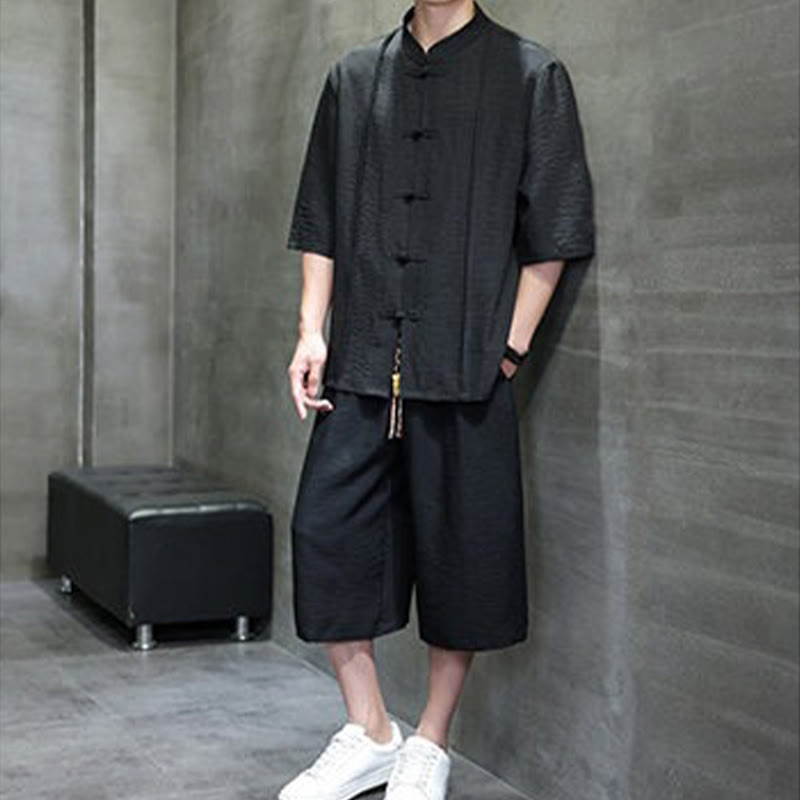 Buddha Stones Conjunto de 2 piezas: Camisa de manga tres cuartos estilo Tang con botones de rana, pantalones cortos y ropa de meditación para hombre con bolsillos. - image 24