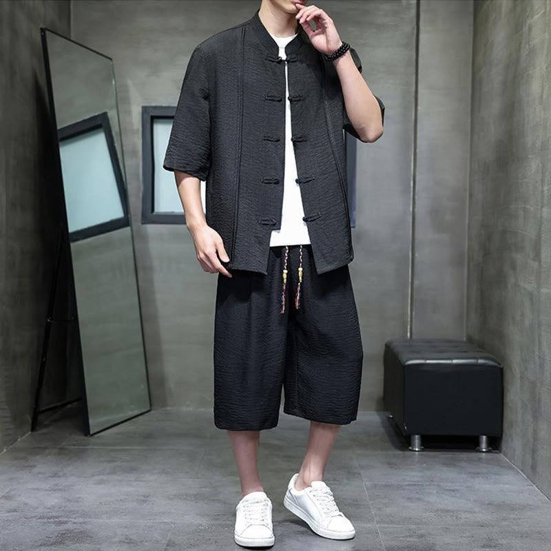 Buddha Stones Conjunto de 2 piezas: Camisa de manga tres cuartos estilo Tang con botones de rana, pantalones cortos y ropa de meditación para hombre con bolsillos. - image 23