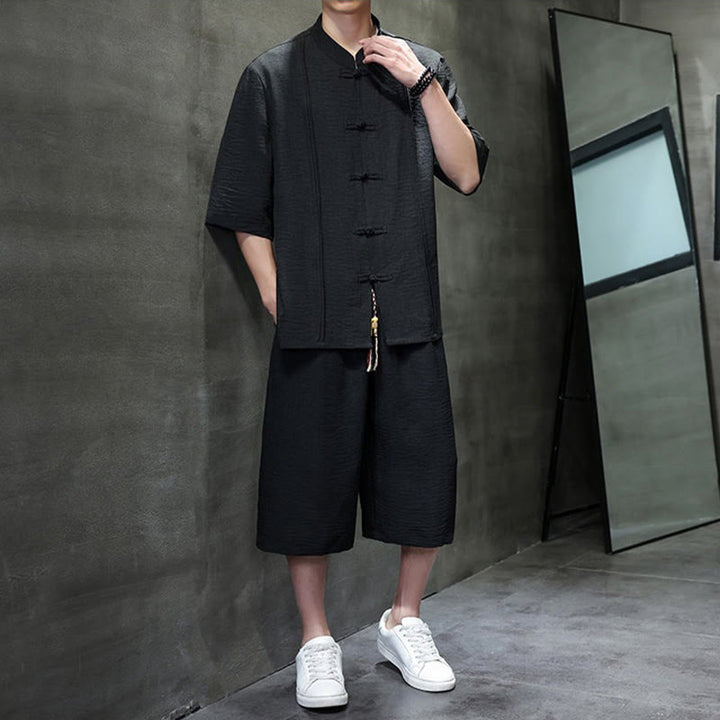 Buddha Stones Conjunto de 2 piezas: Camisa de manga tres cuartos estilo Tang con botones de rana, pantalones cortos y ropa de meditación para hombre con bolsillos. - image 26