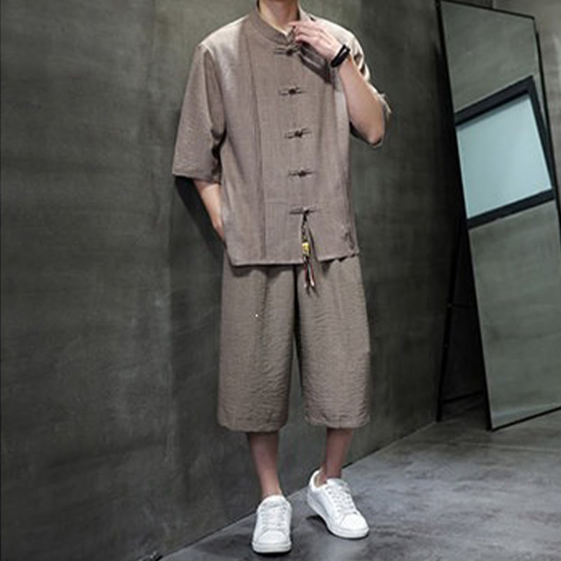 Buddha Stones Conjunto de 2 piezas: Camisa de manga tres cuartos estilo Tang con botones de rana, pantalones cortos y ropa de meditación para hombre con bolsillos. - image 32