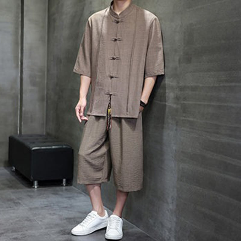 Buddha Stones Conjunto de 2 piezas: Camisa de manga tres cuartos estilo Tang con botones de rana, pantalones cortos y ropa de meditación para hombre con bolsillos. - image 33
