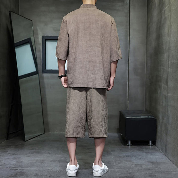 Buddha Stones Conjunto de 2 piezas: Camisa de manga tres cuartos estilo Tang con botones de rana, pantalones cortos y ropa de meditación para hombre con bolsillos. - image 34