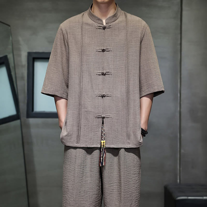 Buddha Stones Conjunto de 2 piezas: Camisa de manga tres cuartos estilo Tang con botones de rana, pantalones cortos y ropa de meditación para hombre con bolsillos. - image 38