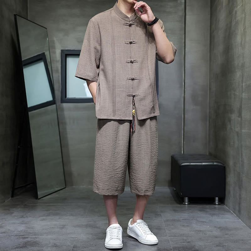 Buddha Stones Conjunto de 2 piezas: Camisa de manga tres cuartos estilo Tang con botones de rana, pantalones cortos y ropa de meditación para hombre con bolsillos. - image 37