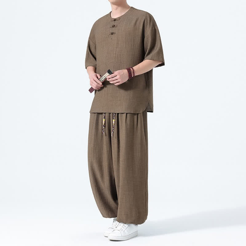 Buddha Stones Conjunto de 2 piezas: Camisa de manga corta lisa con botones de rana estilo Tang para verano, pantalones harem para hombre, ropa de meditación con bolsillos. - Perú - US/UK/AU46, EU56 (5XL) - image 0