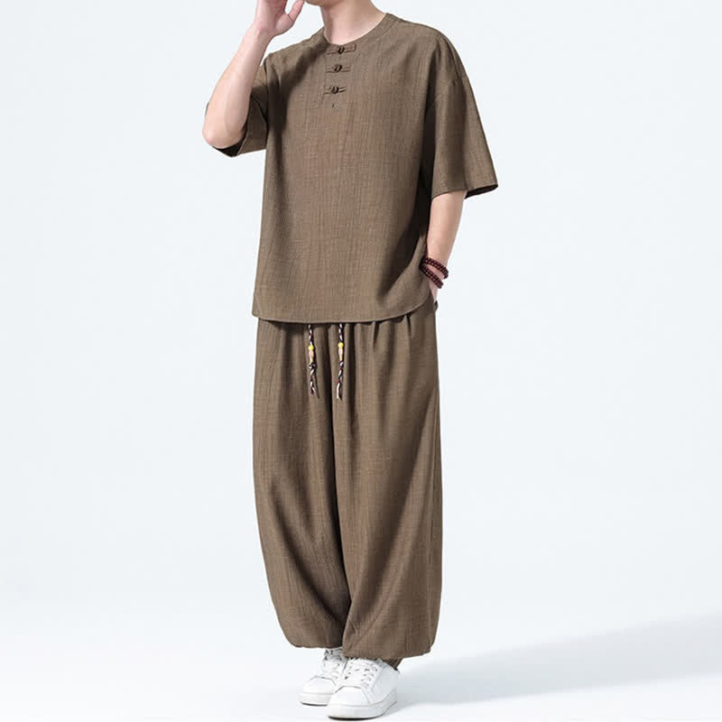 Buddha Stones Conjunto de 2 piezas: Camisa de manga corta lisa con botones de rana estilo Tang para verano, pantalones harem para hombre, ropa de meditación con bolsillos. - image 4