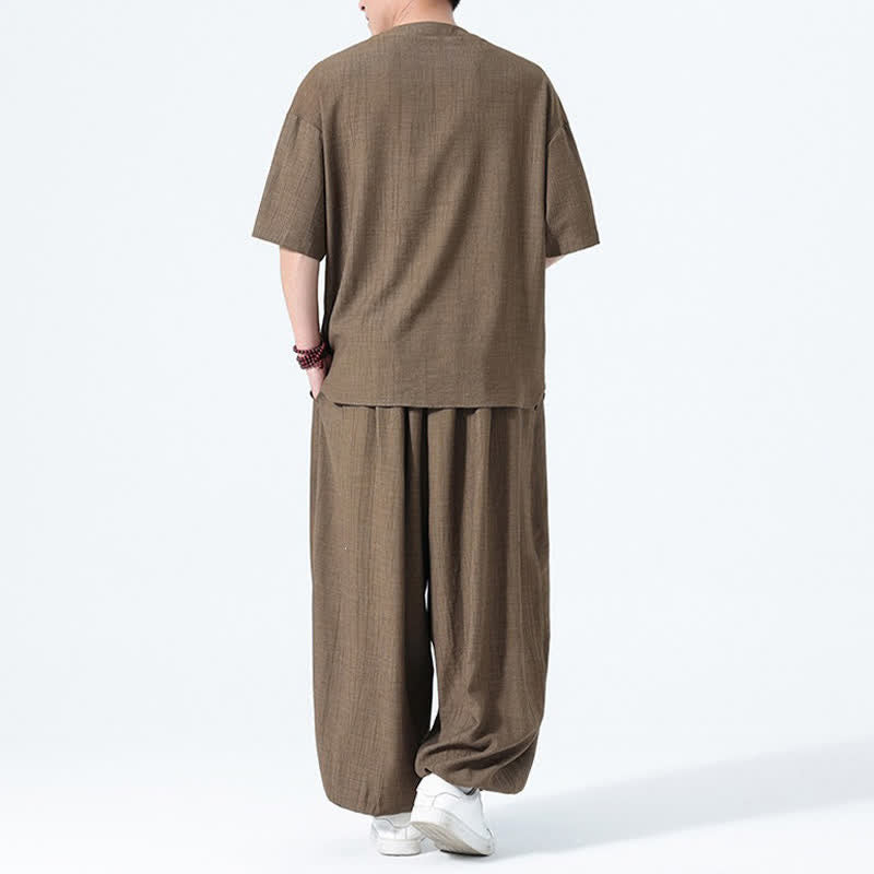 Buddha Stones Conjunto de 2 piezas: Camisa de manga corta lisa con botones de rana estilo Tang para verano, pantalones harem para hombre, ropa de meditación con bolsillos. - image 3