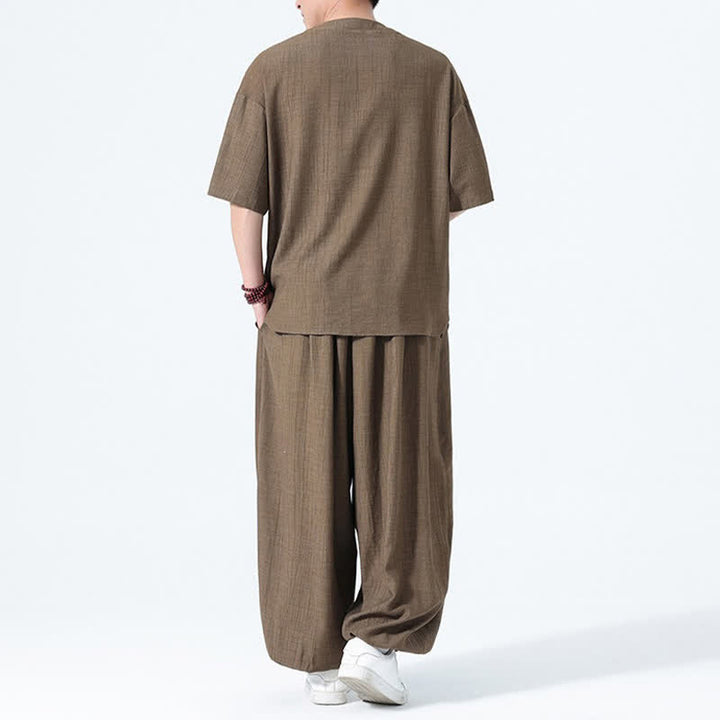 Buddha Stones Conjunto de 2 piezas: Camisa de manga corta lisa con botones de rana estilo Tang para verano, pantalones harem para hombre, ropa de meditación con bolsillos. - image 3