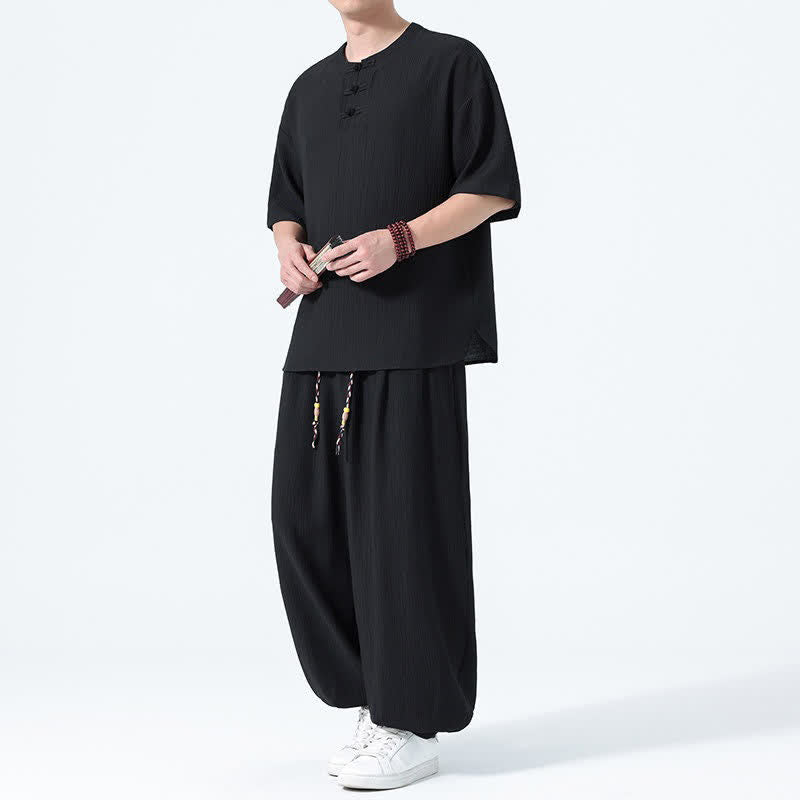Buddha Stones Conjunto de 2 piezas: Camisa de manga corta lisa con botones de rana estilo Tang para verano, pantalones harem para hombre, ropa de meditación con bolsillos. - Negro - US/UK/AU46, EU56 (5XL) - image 6