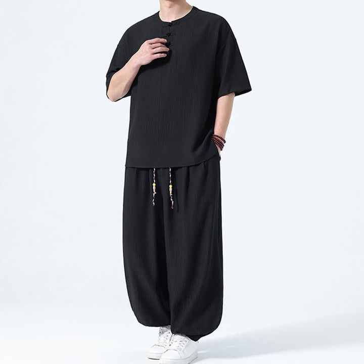 Buddha Stones Conjunto de 2 piezas: Camisa de manga corta lisa con botones de rana estilo Tang para verano, pantalones harem para hombre, ropa de meditación con bolsillos. - image 11