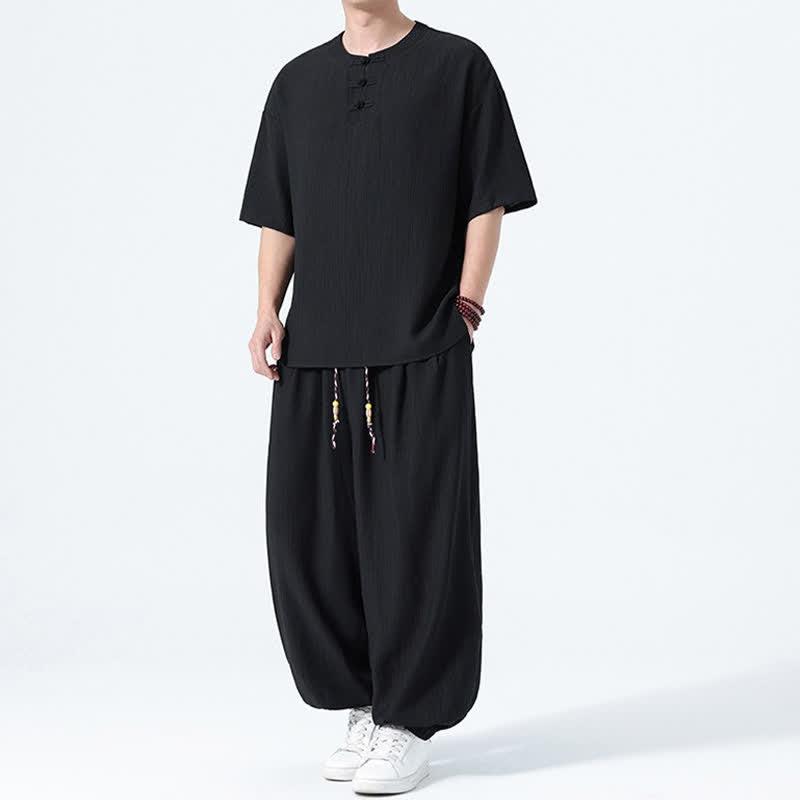 Buddha Stones Conjunto de 2 piezas: Camisa de manga corta lisa con botones de rana estilo Tang para verano, pantalones harem para hombre, ropa de meditación con bolsillos. - image 10