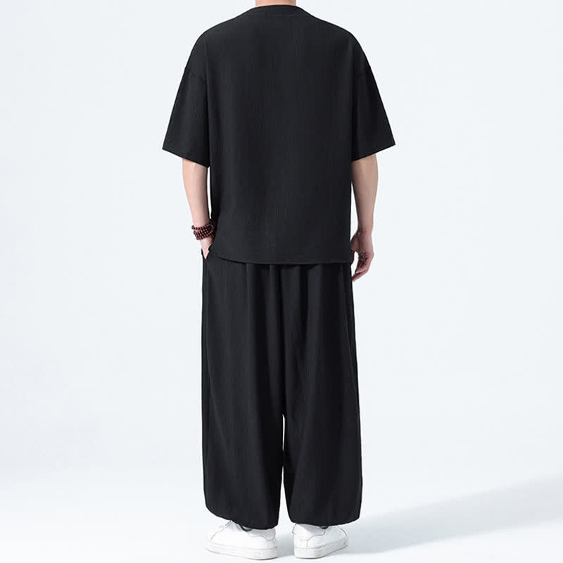 Buddha Stones Conjunto de 2 piezas: Camisa de manga corta lisa con botones de rana estilo Tang para verano, pantalones harem para hombre, ropa de meditación con bolsillos. - image 9