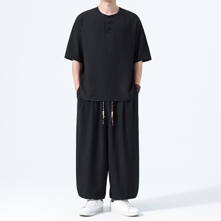 Buddha Stones Conjunto de 2 piezas: Camisa de manga corta lisa con botones de rana estilo Tang para verano, pantalones harem para hombre, ropa de meditación con bolsillos. - image 7