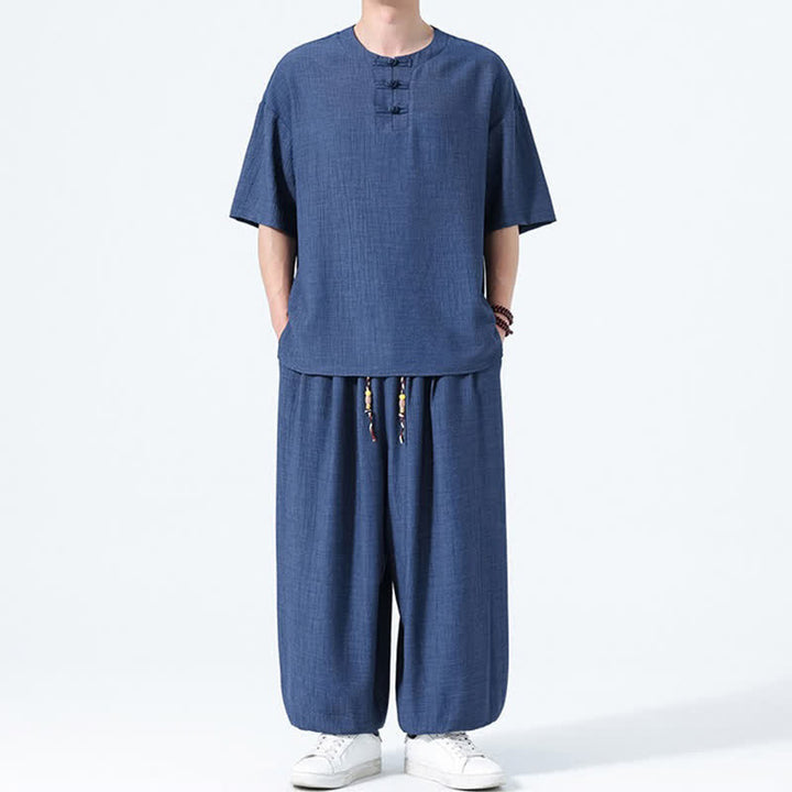 Buddha Stones Conjunto de 2 piezas: Camisa de manga corta lisa con botones de rana estilo Tang para verano, pantalones harem para hombre, ropa de meditación con bolsillos. - image 17