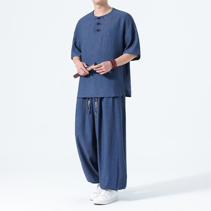 Buddha Stones Conjunto de 2 piezas: Camisa de manga corta lisa con botones de rana estilo Tang para verano, pantalones harem para hombre, ropa de meditación con bolsillos. - Marina de guerra - US/UK/AU46, EU56 (5XL) - image 13