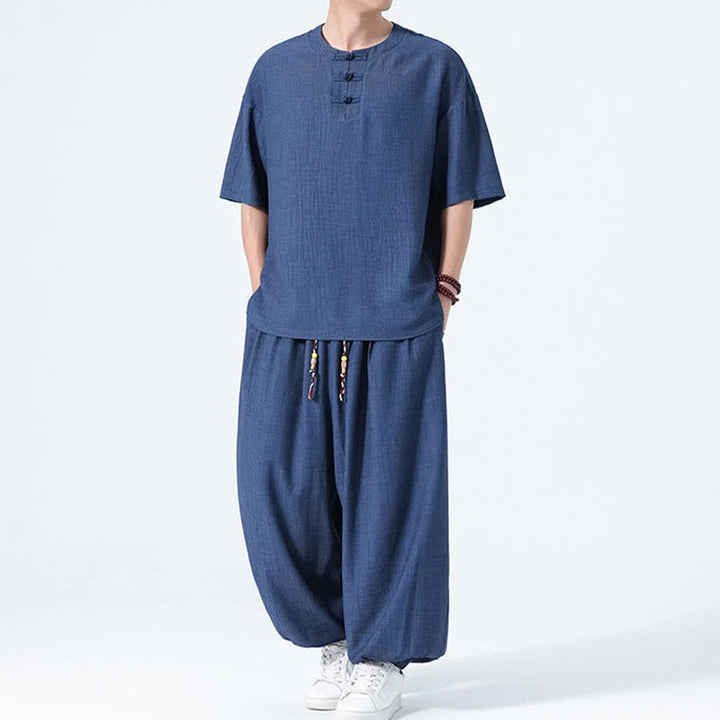 Buddha Stones Conjunto de 2 piezas: Camisa de manga corta lisa con botones de rana estilo Tang para verano, pantalones harem para hombre, ropa de meditación con bolsillos. - image 18