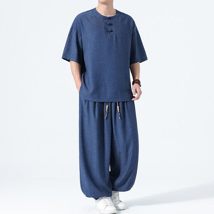 Buddha Stones Conjunto de 2 piezas: Camisa de manga corta lisa con botones de rana estilo Tang para verano, pantalones harem para hombre, ropa de meditación con bolsillos. - image 14