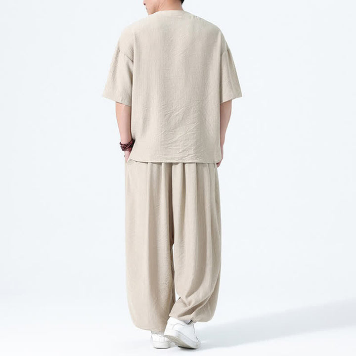 Buddha Stones Conjunto de 2 piezas: Camisa de manga corta lisa con botones de rana estilo Tang para verano, pantalones harem para hombre, ropa de meditación con bolsillos. - image 23
