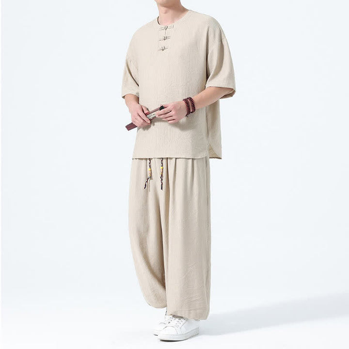 Buddha Stones Conjunto de 2 piezas: Camisa de manga corta lisa con botones de rana estilo Tang para verano, pantalones harem para hombre, ropa de meditación con bolsillos. - Trigo - US/UK/AU46, EU56 (5XL) - image 20