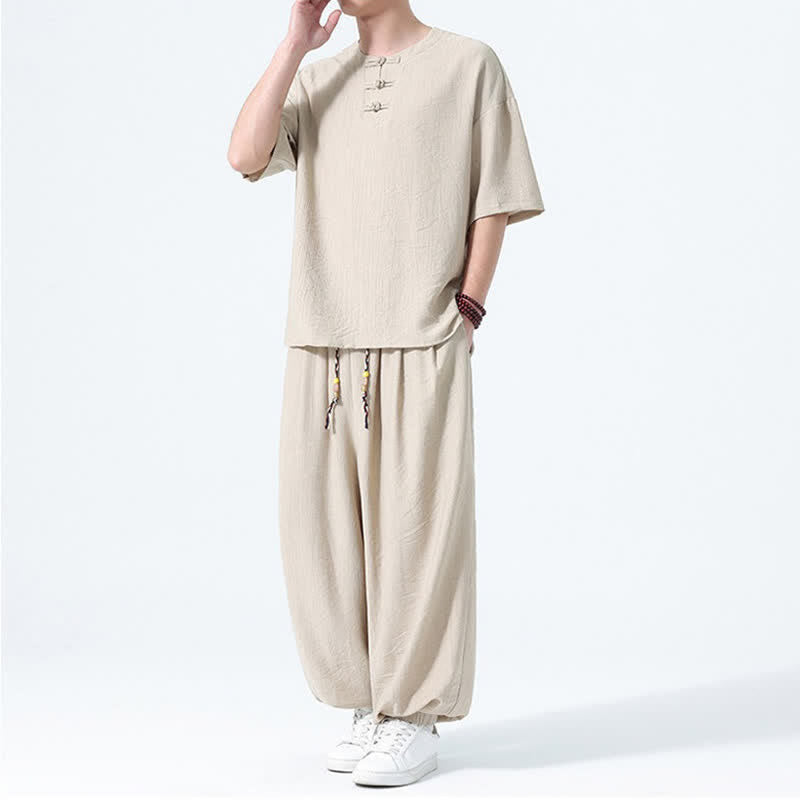 Buddha Stones Conjunto de 2 piezas: Camisa de manga corta lisa con botones de rana estilo Tang para verano, pantalones harem para hombre, ropa de meditación con bolsillos. - image 22