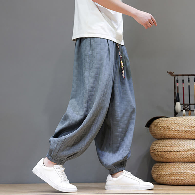 Buddha Stones Pantalones tobilleros casuales de verano con cordón ajustable, estampado de ratán tejido liso, estilo harem para hombre con bolsillo. - image 3