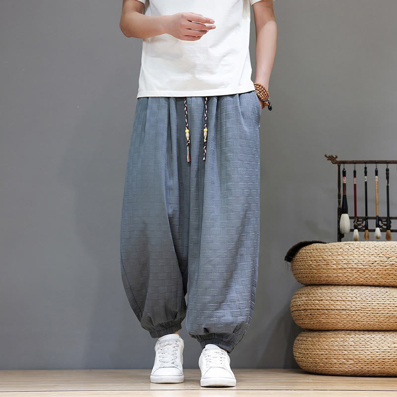 Buddha Stones Pantalones tobilleros casuales de verano con cordón ajustable, estampado de ratán tejido liso, estilo harem para hombre con bolsillo. - image 5