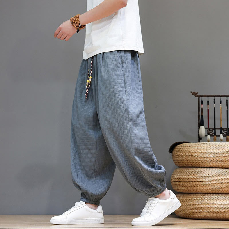 Buddha Stones Pantalones tobilleros casuales de verano con cordón ajustable, estampado de ratán tejido liso, estilo harem para hombre con bolsillo. - image 2